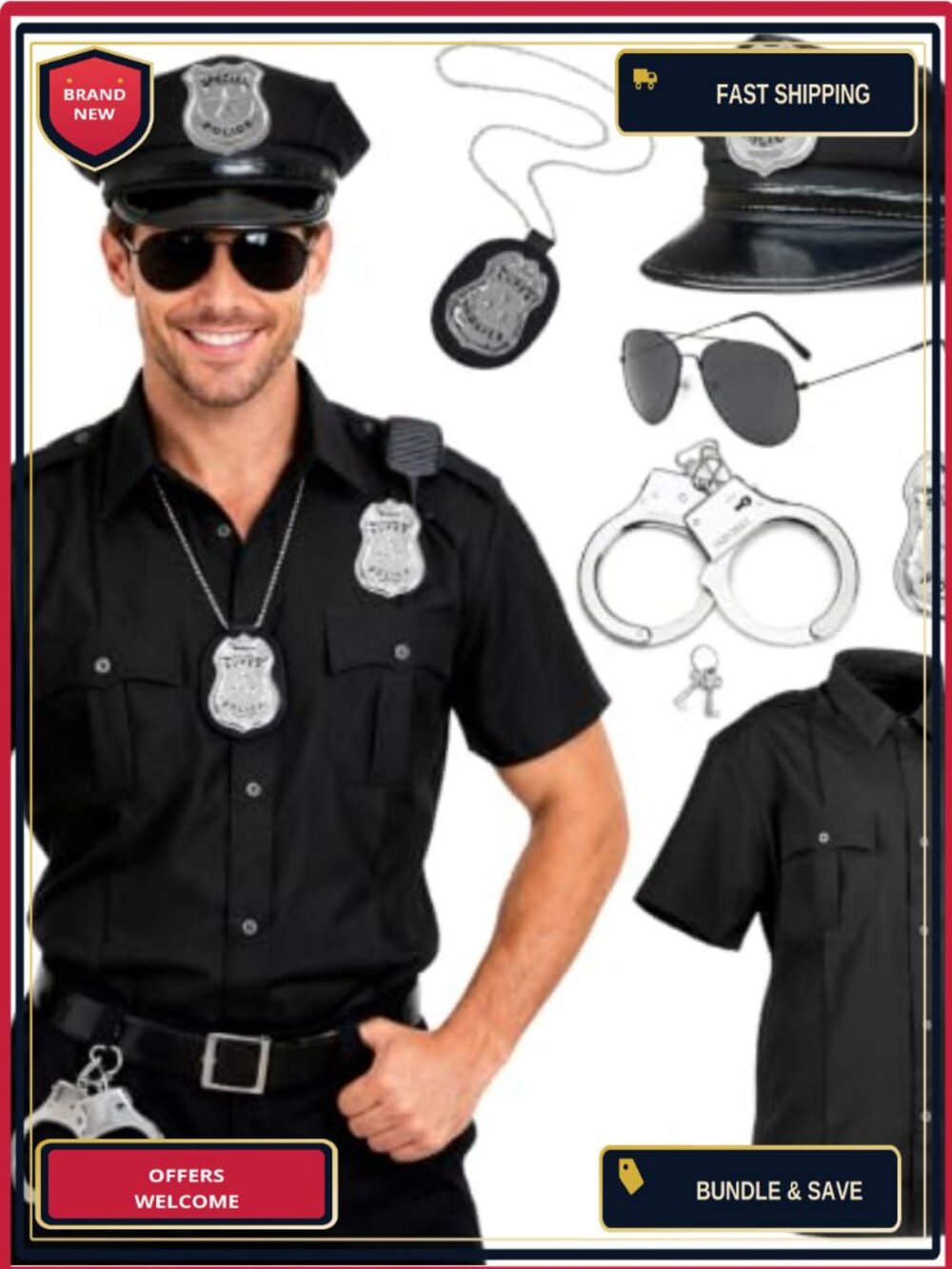 Men's Police Officer Costume Set Shirt Hat Badge Handcuffs Cosplay